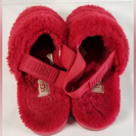 UGG SUPER FLUFF SLIDE Sheepskin Slippers Back Strap Red Size 8 - Picture 4 of 7